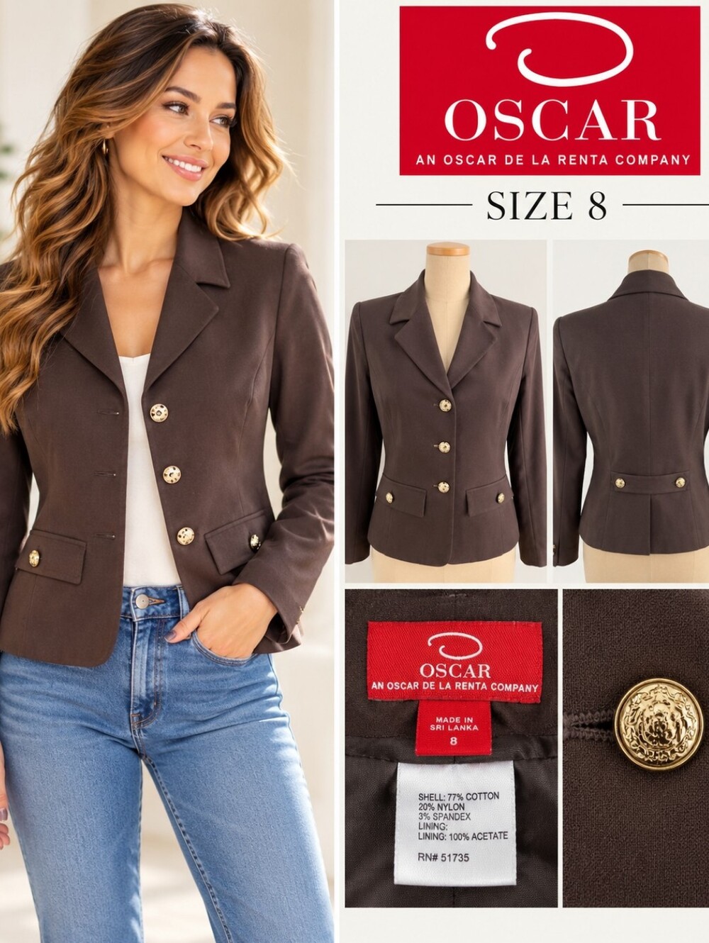 Oscar de la Renta Chocolate Brown Fitted Blazer with Gold Buttons